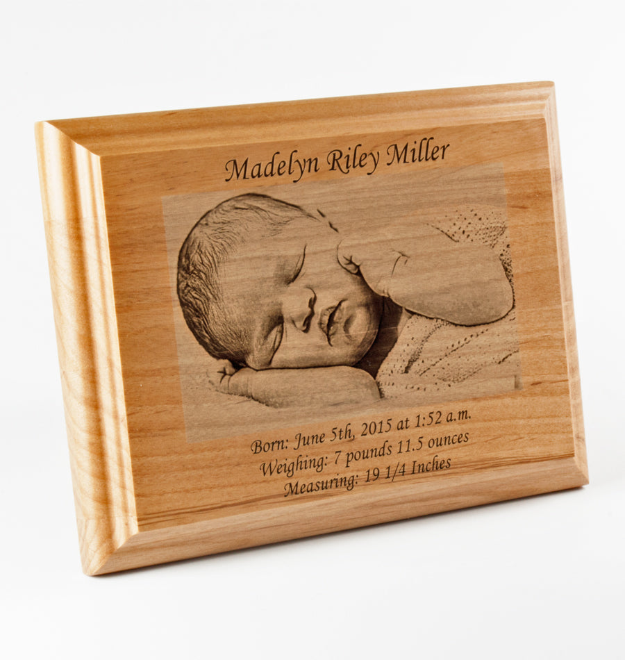 Engraved wood baby dedication photo plaque