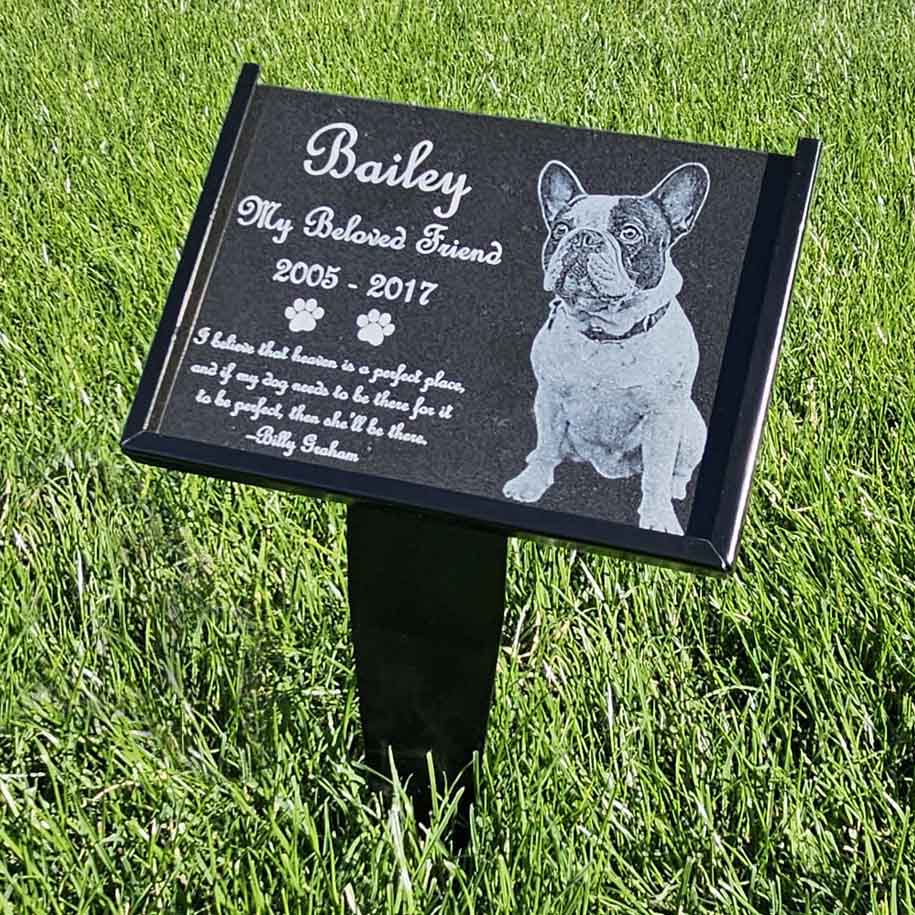 Granite Dog Memorial Plaque with Garden Stake in Grass with engraved photo of French Bulldog named Bailey