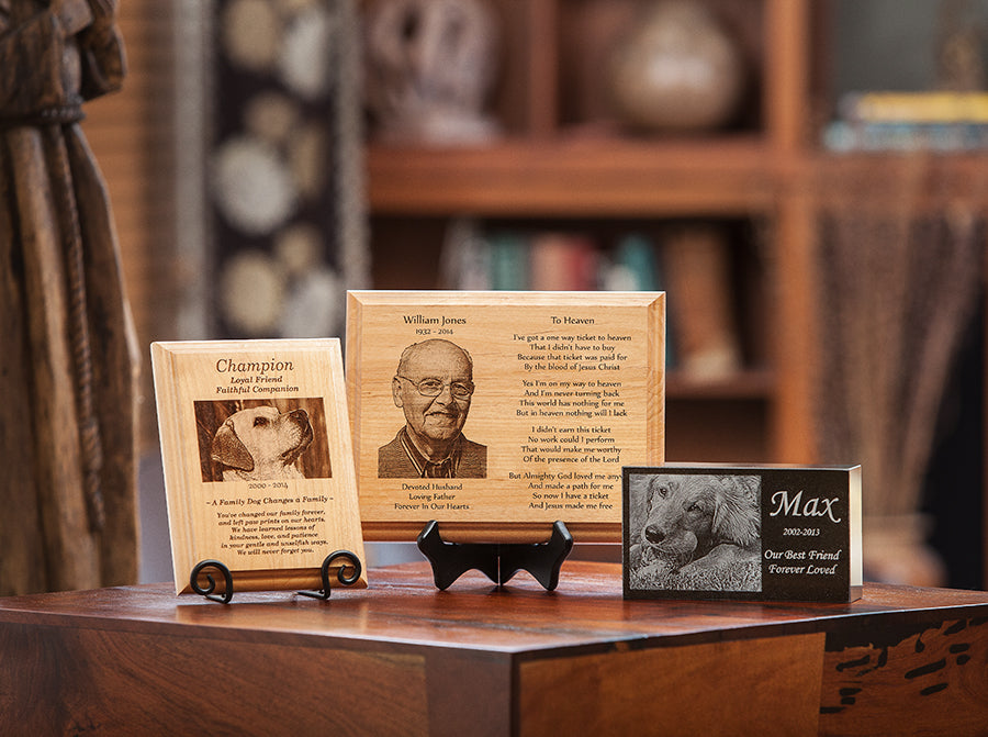memorial photo plaques displayed