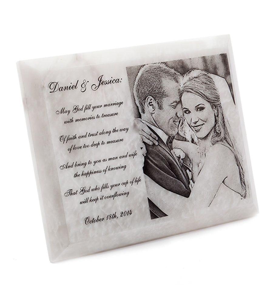 White marble plaque with laser engraved photo of wedding couple