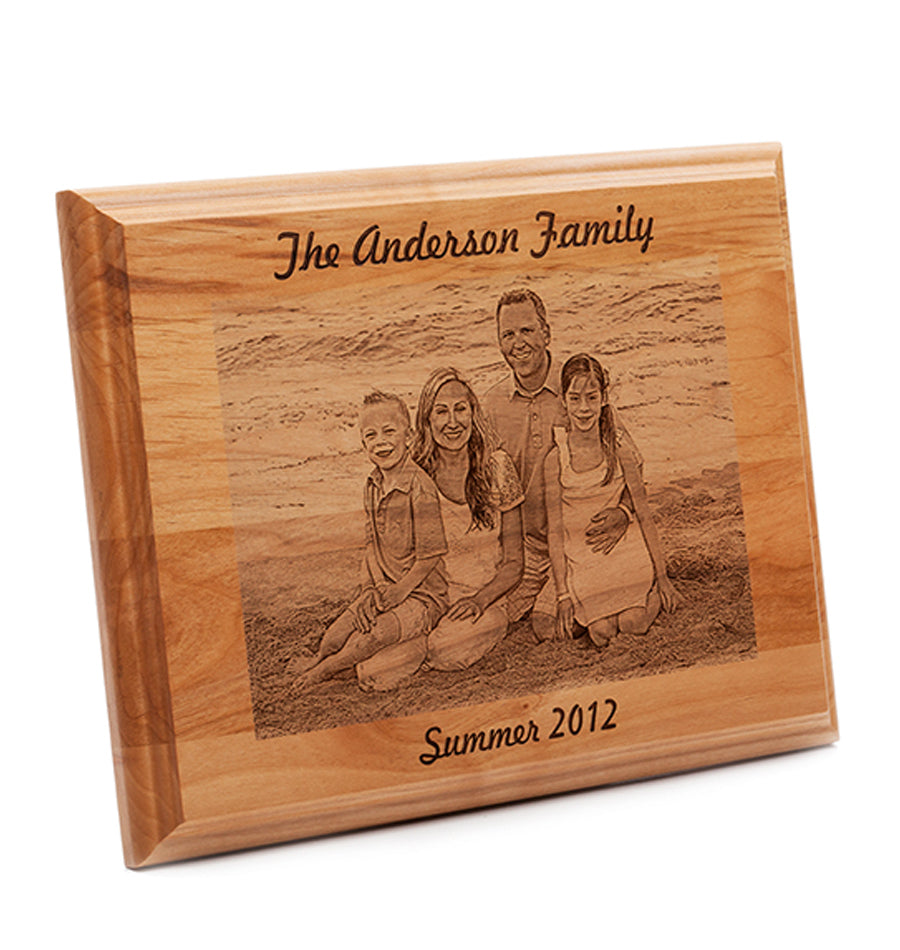 Engraved family photo on alder wood plaque