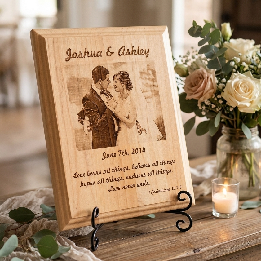 A personalized wooden wedding keepsake plaque on a black metal stand, displayed on a rustic wooden table next to a floral arrangement and lit candles.