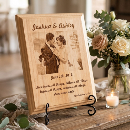 A personalized wooden wedding keepsake plaque on a black metal stand, displayed on a rustic wooden table next to a floral arrangement and lit candles.