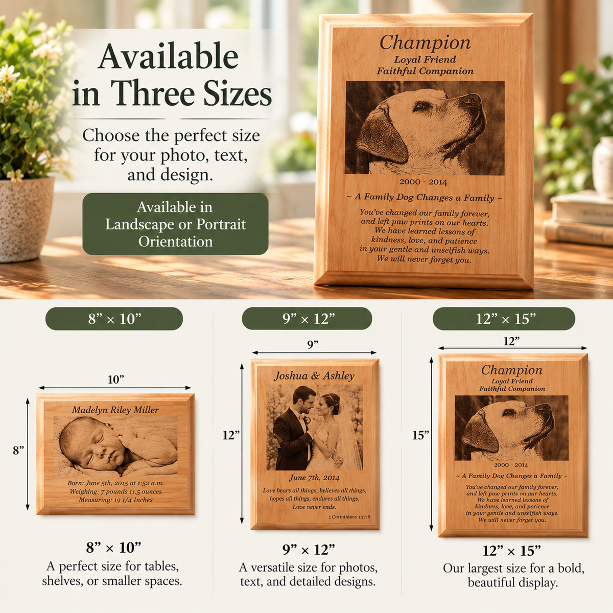 Custom engraved wooden memorial plaques shown in three sizes for a wedding, anniversary, baby, pet or memorial.