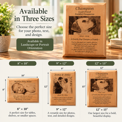 Custom engraved wooden memorial plaques shown in three sizes for a wedding, anniversary, baby, pet or memorial.