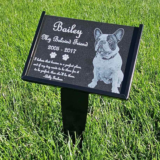 Granite Dog Memorial Plaque with Garden Stake in Grass with engraved photo of French Bulldog named Bailey