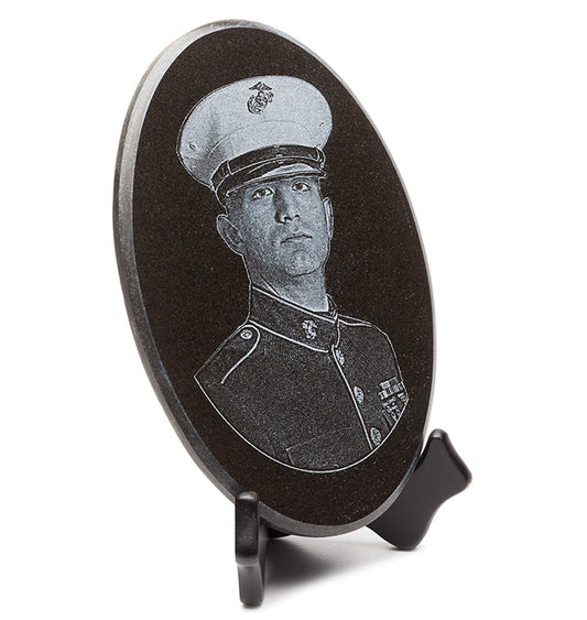 Oval shaped granite plaque with laser engraved portrait