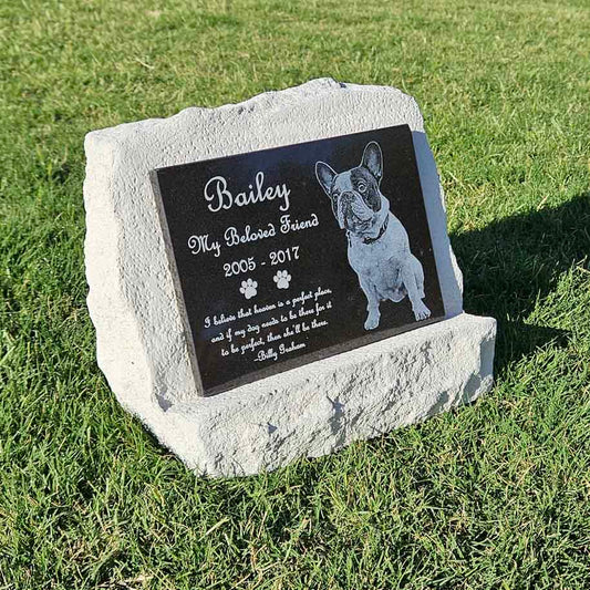 Engraved Photo Memorial Plaque displayed on Headstone Easel on grass