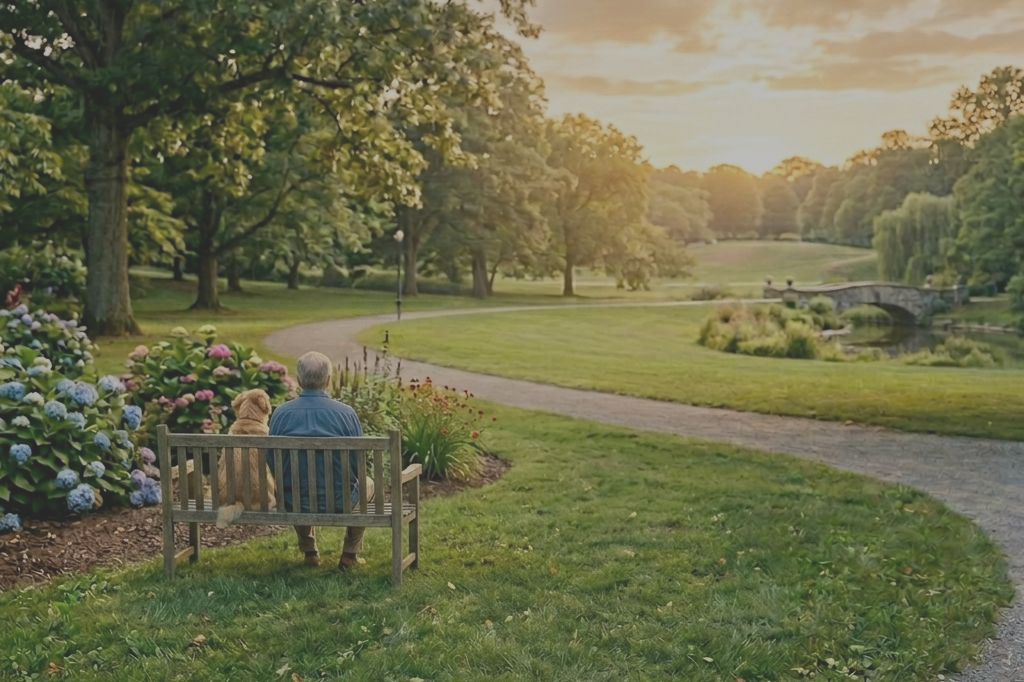 A person and his dog sitting on a bench in a park with a scenic background